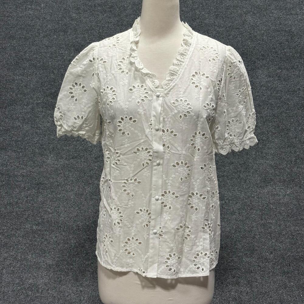 Belinda Blouse Womens M White Eyelet Lace Puff Sleeve Button Ruffle V Neck Top